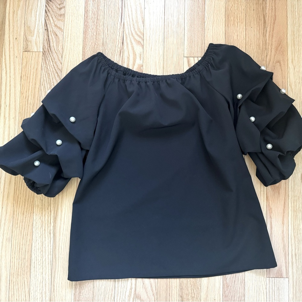 NWOT Black Off Shoulder Top with Pearl-Embellished Puff Sleeves, Size M